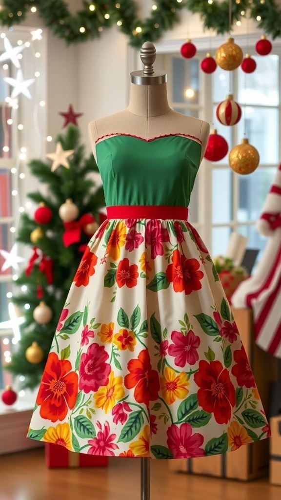A colorful 70s inspired Christmas dress with floral patterns on a mannequin, surrounded by festive decorations.